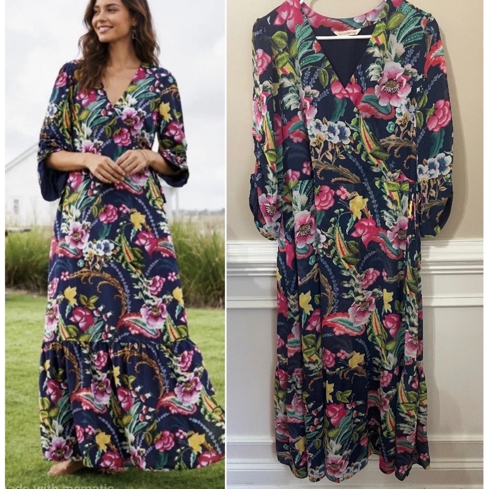 Soft Surroundings Samantha Maxi Dress Size M Navy Floral Wedding Guest Feminine